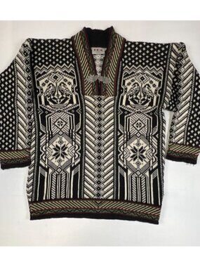 Vintage ODA of Norway Women L Nordic Wool Cardigan Black White Pewter Clasps